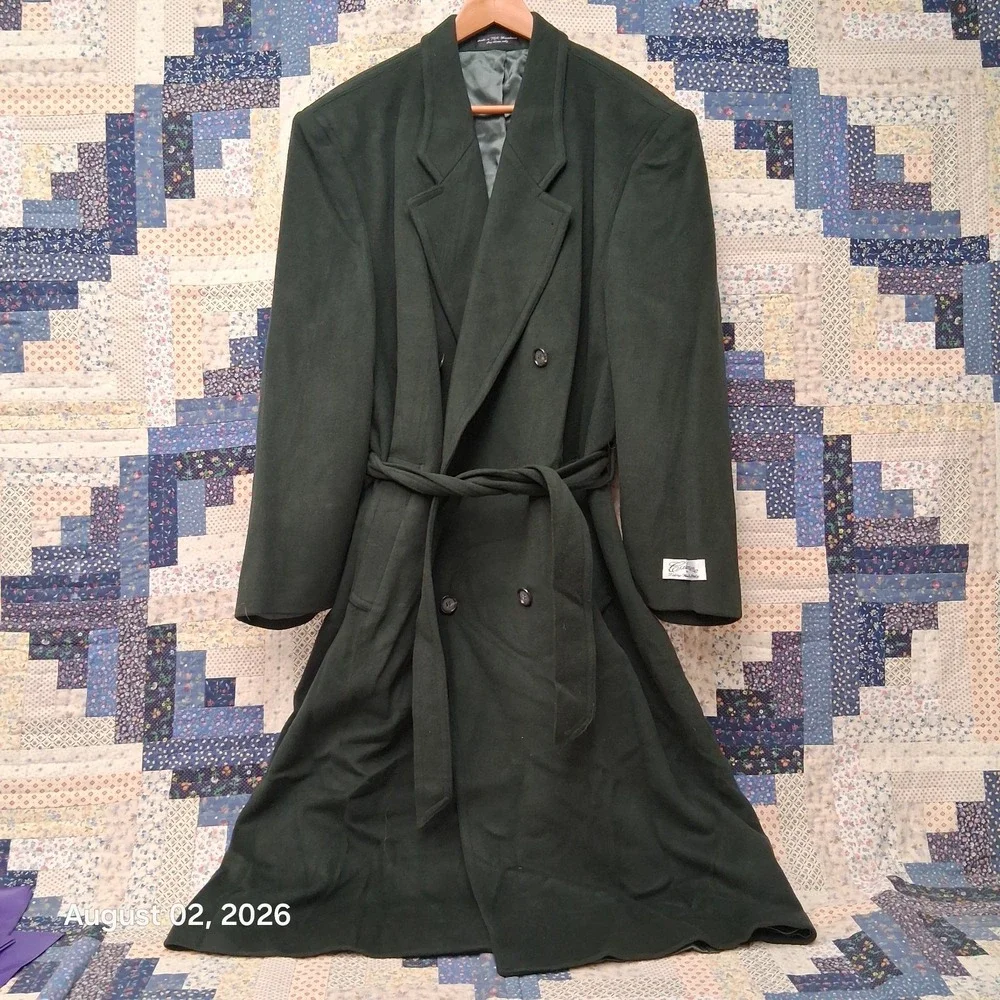 Bachrach Mens 44R Forest Green Wool Cashmere Belted Double Breasted Overcoat NWT